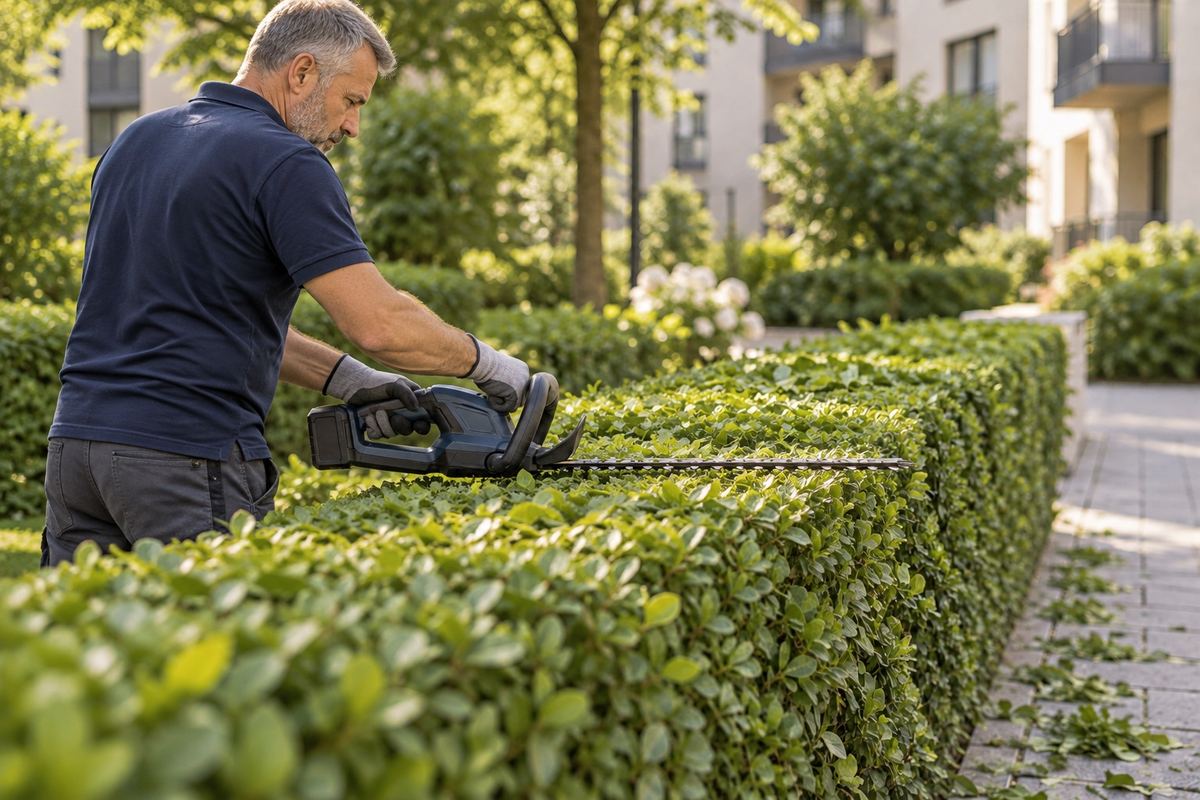 Mitarbeiter von Facilita schneidet eine Hecke im Innenhof einer Münchner Wohnanlage